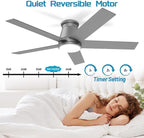 wurzee 52 Inch Flush Mount Ceiling Fan, Matte Silver Ceiling Fan with Light, Reversible DC Motors, Dimmable,Timer, Noiseless, Ceiling fan for Indoor & Outdoor Farmhouses, Dining Rooms