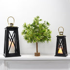 TRIROCKS Set of 2 Farmhouse Wooden Lantern 12''&18'' Metal Decorative Candle Holders with Tempered Glass Rustic Outdoor Lantern for Home Christmas Patio Wedding Parties Indoor Outdoor(Black Trapezoid)