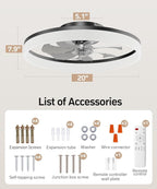 Smart Ceiling Fans with Light and Remote,20'' Low Profile Ceiling Fan with 6-Speed & Dimmable LED, Alexa/APP Home Voice Control, App, Reversible Airflow, App Timer, for Beedroom（Black）