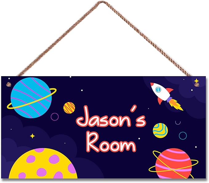 Personalized Outer Space Sign Universe Theme Door Décor For Kids Room Custom Name Little Man Cave Wall Art Decor, Planet Rocket Floral Nursery Art Plate For Girls Room Boys Bedroom