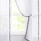 Treatmentex Sheer White Curtains with Black Pom Pom Curtains 84" Long Linen Textured Look Decorative Window Drapes Navy 52" w 1Pair