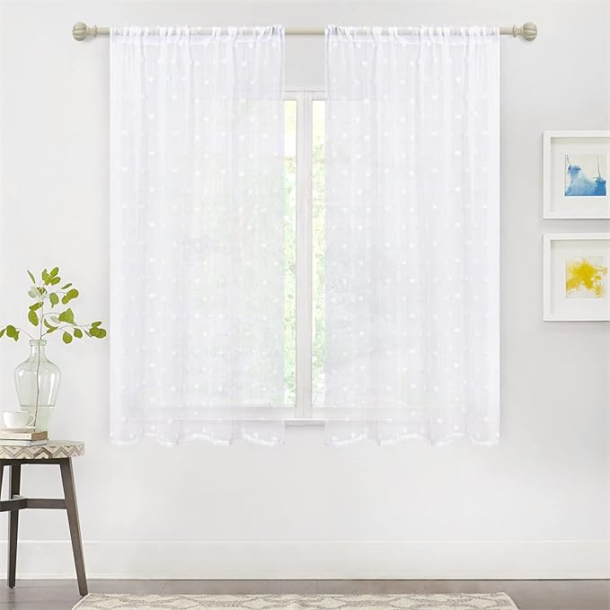 MYSKY HOME Small Curtains for Bedroom Windows Panels Light Filtering White Pom Pom Sheer Curtains 63 Inch Long for Nursery Girls Room Rod Pocket Kitchen Voile Drapes 52 x 63 inch 2 Sets