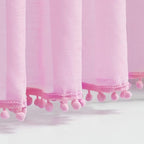 Treatmentex Pom-Pom Pink Sheer Curtains for Girl's Room 95 inches Linen Textured Look Red Sheer Window Draperies for Bedroom Living Room, 52" w x 2 Panels, Rod Pocket