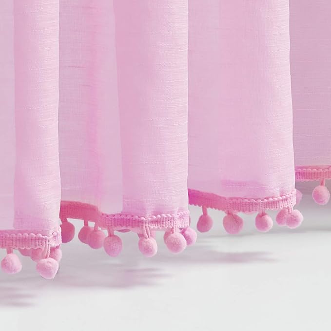 Treatmentex Pom-Pom Sheer Curtains for Girl's Room Linen Textured Pink Sheer Window Drapes for Bedroom 52" w x 63" L, 2Panels, Red, Rod Pocket
