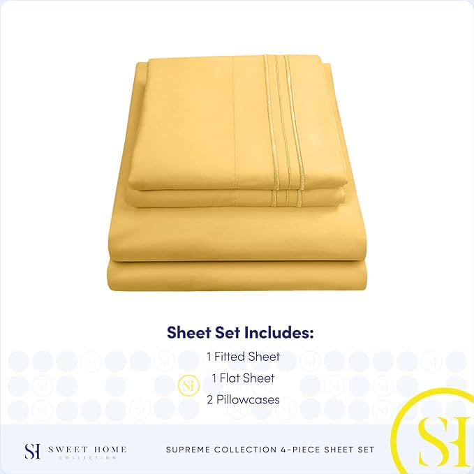 RV Queen Bed Sheets - Breathable Luxury Sheets with Full Elastic & Secure Corner Straps Built In - 1800 Supreme Collection Extra Soft Deep Pocket Bedding Set, Sheet Set, RV Short Queen, Yellow