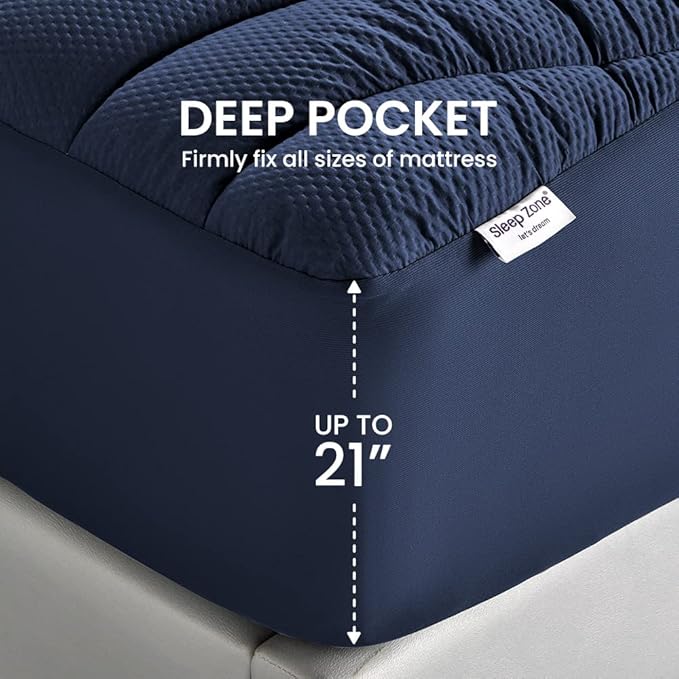 SLEEP ZONE King Size Cooling Mattress Topper, Premium Zoned Cool Mattress Pad Cover, Padded Mattress Protector Breathable Washable, Deep Pocket 8-21" (Navy, King)