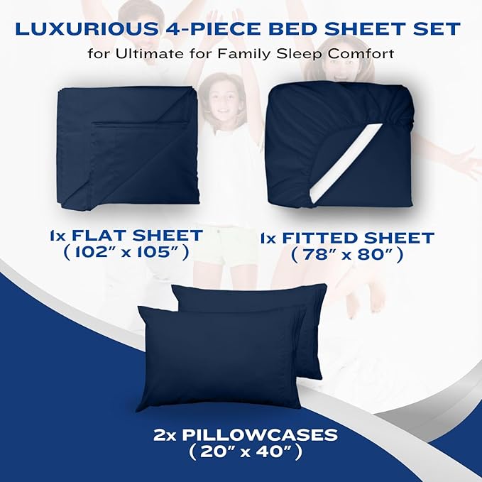 DREAMCARE Queen Sheet Set – 4 pcs Cooling Sheets – up to 21” Extra Deep Pocket Queen Sheets – Hotel Luxury Sheets & Pillowcases – Superior Softness 100% Fine Microfiber with Side Pocket – Navy