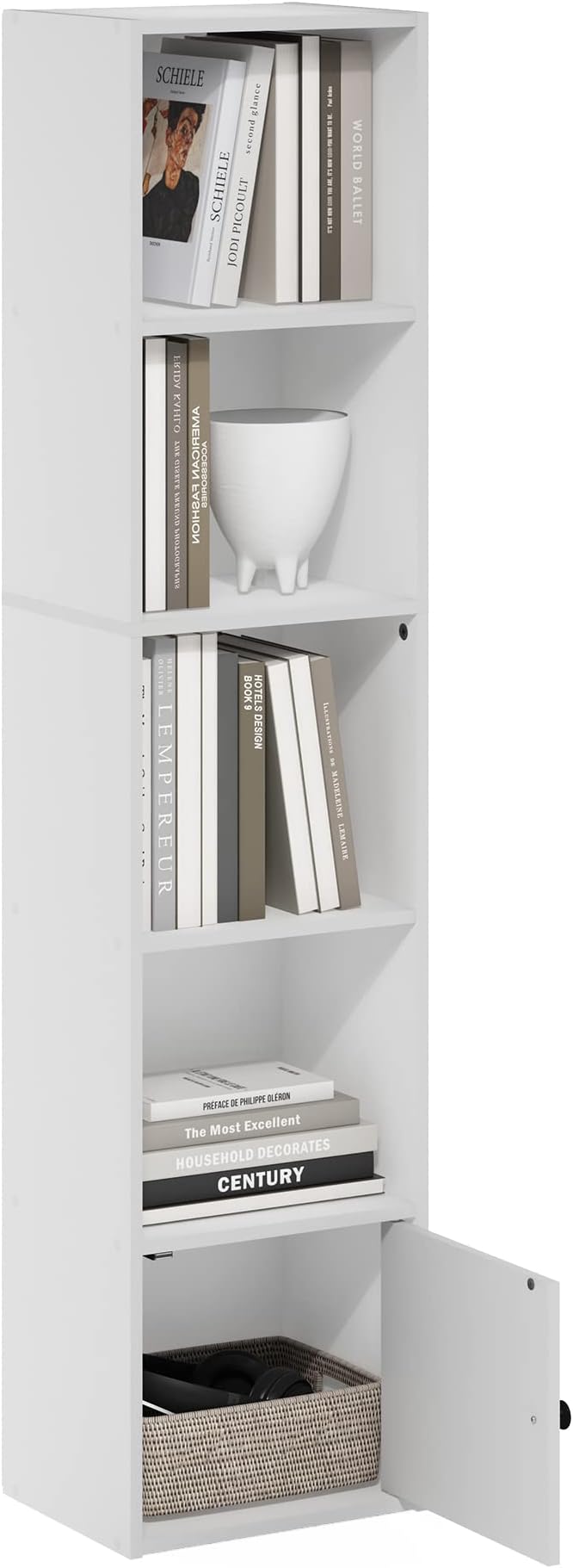 Furinno LUDER Book Shelf, 5-Tier Modern Bookshelf, Bookcase with 1 Door Storage Cabinet, 9.3" x 12" x 52", for Living Room, Bedroom, Home Office, White
