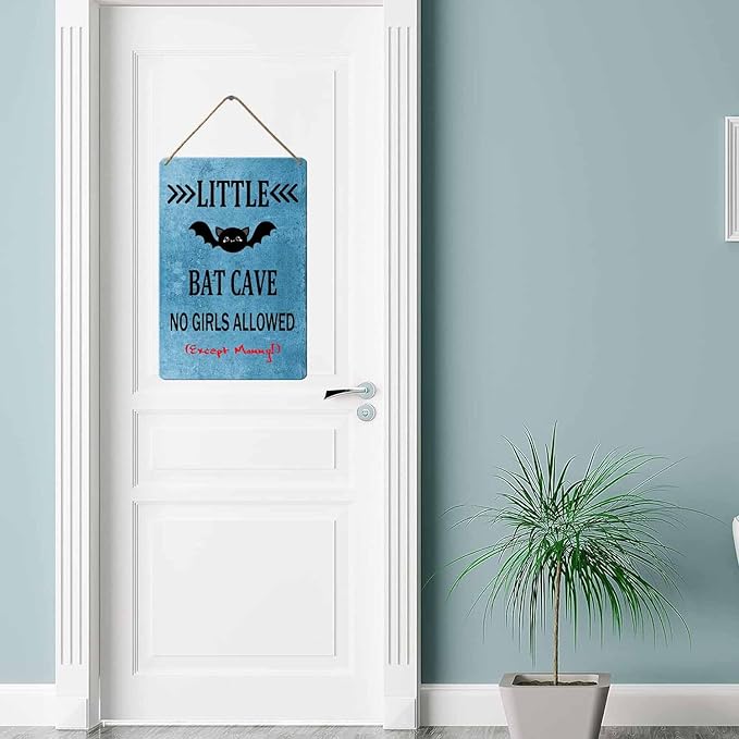 Wood Sign Little Bat Cave No Girls Allowed, 8x12 Inch, Rustic Hanging Plaque Wall Decor For Toddlers Kids Baby Bedroom