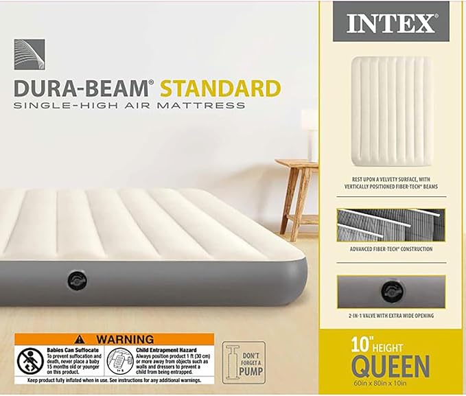 Intex Dura-Beam Standard Air Mattress, Queen, Fiber-Tech | 10in Height | 600lb Capacity | Pump Sold Separately | Pack of 3