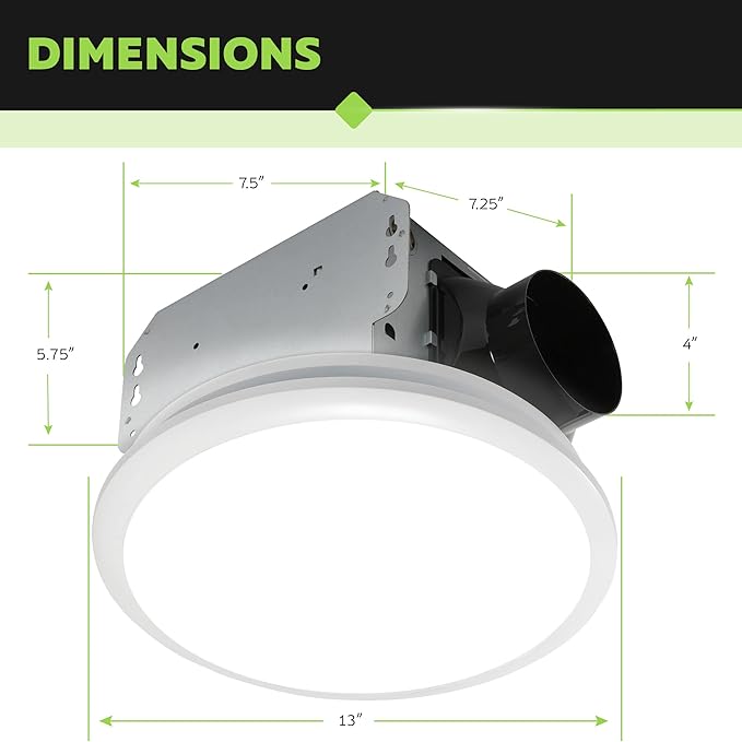 Homewerks 7141-50 Bathroom Fan Integrated LED Light Ceiling Mount Exhaust Ventilation 0.7 Sones 50 CFM, White