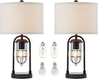 KAWOTI Set of 2 Farmhouse Table Lamps with USB Ports and Night Light Modern Nightstand Lamp for Living Room Bedroom（Bulbs Included）