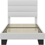 SHA CERLIN Twin Platform Bed Frame with Velvet Upholstered Headboard, Mattress Foundation with Strong Wooden Slats Support, No Box Spring Needed, White