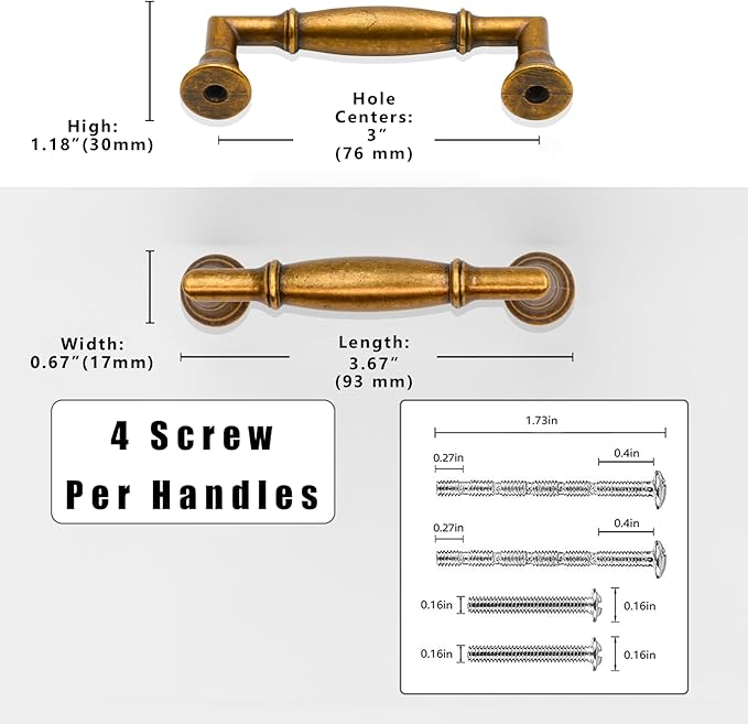 10 Pack Antique Brass Cabinet Pulls 3 Inch(76mm) Kitchen Cabinet Handles Solid Zinc Alloy Cabinet Hardware Drawer Pulls