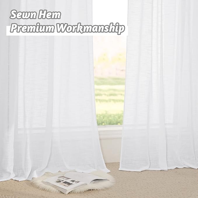 RYB HOME Semi Sheer Curtains 102 inches Long, Back Tab Light Filtering Half Privacy Window Curtains & Drapes for Bedroom Living Room, White, W 52 x L 102 inches, 2 Panels Set
