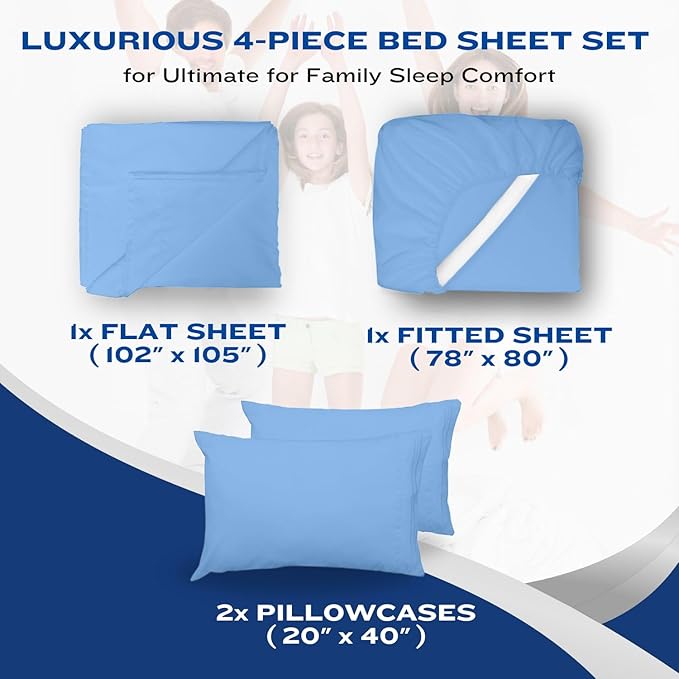 DREAMCARE Queen Sheet Set – 4 pcs Cooling Sheets – up to 21” Extra Deep Pocket Queen Sheets – Hotel Luxury Sheets & Pillowcases – Superior Softness 100% Fine Microfiber with Side Pocket – Light Blue
