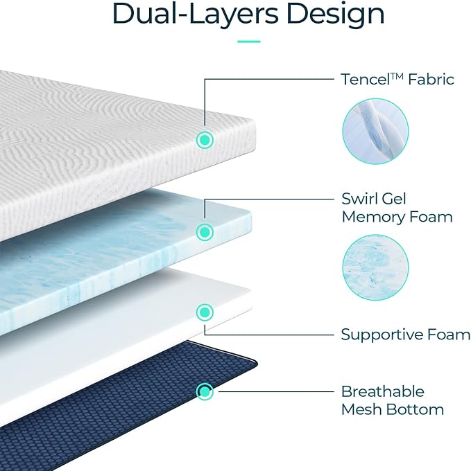 LINSY LIVING 4 Inches Twin Memory Foam Mattress Topper, Cooling Gel-Infused Swirl Memory Foam, Soft Bed Topper with Tencel™ Cover, CertiPUR-US and Oeko-TEX Certified, 74" L * 38" W * 4" H