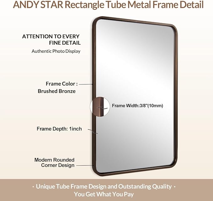 ANDY STAR 48x36 Inch Bronze Bathroom Mirror, Rounded Rectangle Oil Rubbed Bronze Mirrors for Bathroom,Tube Metal Framed, 1’’ Deep Wall Mounted Vertically/Horizontal