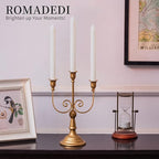 Romadedi Candelabra Gold Candle Holders - 3 Arm 11.8" Wedding Candlestick Holder for Theme Party Table Centerpiece Decor Dining Room Birthday Holiday Christmas, Set of 6
