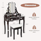 CHARMAID Vanity Desk with Mirror and Lights, Makeup Vanity Table with 5 Storage Drawers, 3 Color Lighting Modes, Adjustable Brightness, Modern Bedroom Dressing Table with Vanity Stool, Espresso
