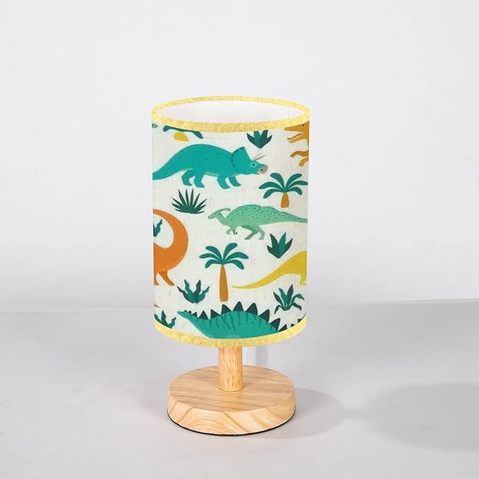 LOPYEIJFG Minimalist Bedside Table Lamp Hand Drawn Seamless with Dinosaurs and Tropical Leaves and Flowers Wood Nightstand Lamp Bedside Desk Lamp Wood Base Flaxen Fabric Shade for Bedroom Living Room