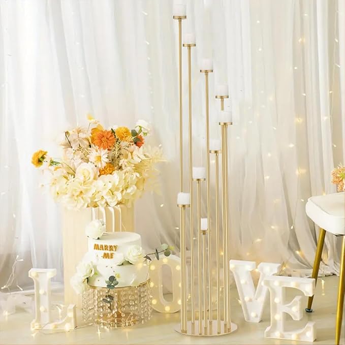 10pcs 9 Arm Candle Holder for Wedding Table Decoration,Gold Metal Candle Stick Holders for Pillar Tealight Candles on Party Reception Home Derecotion