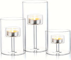 Glass Hurricane Candle Holder, 3pcs Clear Cylinder Candle Holders Bulk for Pillar Candles, Open Ended Glass Candle Pedestal for Wedding Centerpieces Tables, Party, Event(No.01)