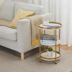 Dulcii Round Side Table with Storage Tray for Living Room, 15" L x 15" W x 24" H Bedroom Nightstand 3 Tiers Bedside Table with Steel Frame for Small Spaces (White & Gold)