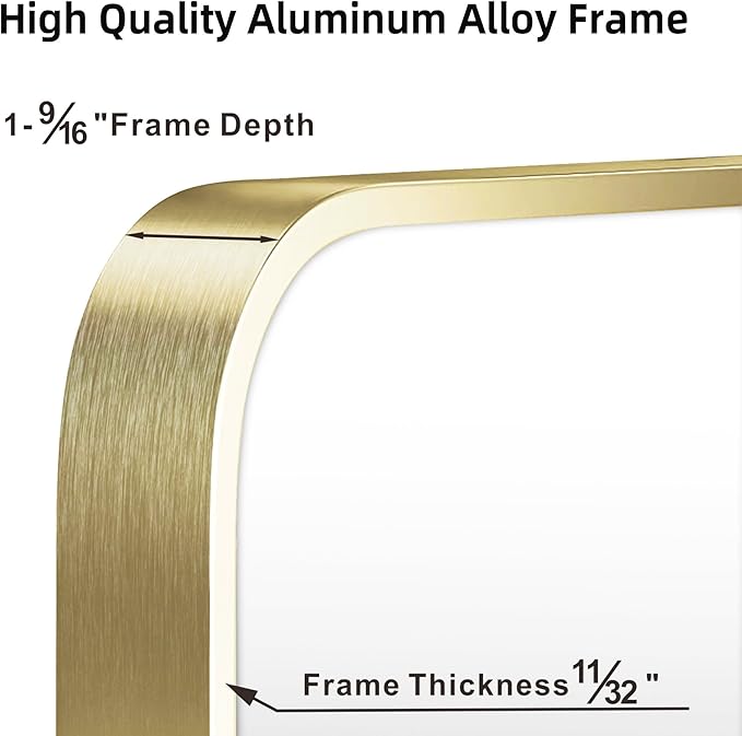 22"x30" Brushed French Gold Mirror for Wall, Bright Gold Rounded Rectangle Mirror with Metal Frame Hanging for Bathroom Entryway Vanity,Living Room,Bedroom,Vertical or Horizontal