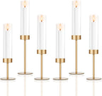 Set of 6 Gold Candle Holders, Tall Hurricane Candlestick Holders with Glass for Taper and Pillar Candles, Home Decor for Wedding, Christmas, Party, Anniversary, Dining Table