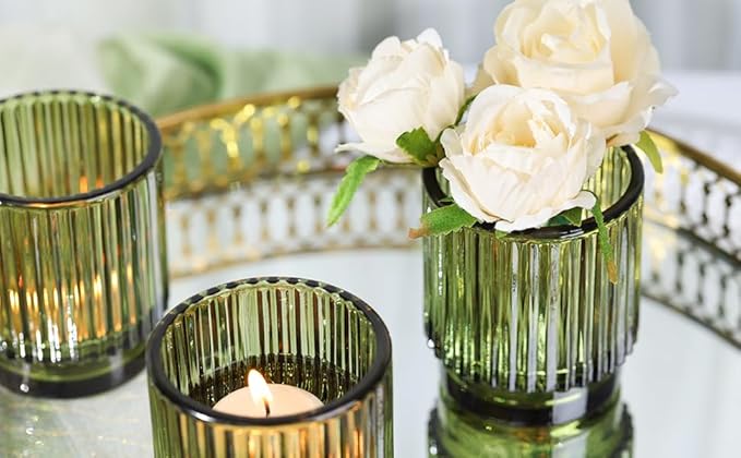 DEVI 8pcs Large Green Votive Candle Holders for Wedding Centerpieces, Glass Tea Lights Candle Holder Decor, Wedding Bridal Shower Party Table Decor, Vintage Boho Easter Decor for Table Centerpiece