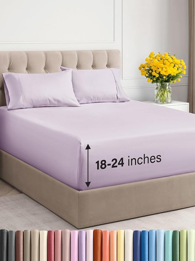 Extra Deep Twin Sheet Set - 4 Piece Breathable and Cooling Sheets - Hotel Luxury Bed Sheets Set - Easy Fit - Soft, Wrinkle Free and Comfy Sheets Set - Light Lavender Sheet Set with Extra Deep Pockets