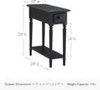 Leick Home Narrow End Table, Solid Wood, Black, 1 Drawer, 1 Display Shelf, Small Size, Easy Assembly, 10.01 in W x 23.46 in D x 23.98 in H, 20017-BK
