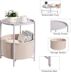 danpinera Round Side Table with Fabric Storage Basket, Metal Side Table Small Bedside Nightstand with Removable Tray Top for Living Room, Bedroom, Nursery, Laundry, Light Violet