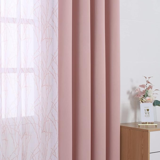 BONZER Mix and Match Curtains - 2 Pieces Branch Print Sheer Curtains and 2 Pieces Blackout Curtains for Bedroom Living Room Grommet Window Drapes, 54x63 Inch/Panel, Blush, Set of 4 Panels