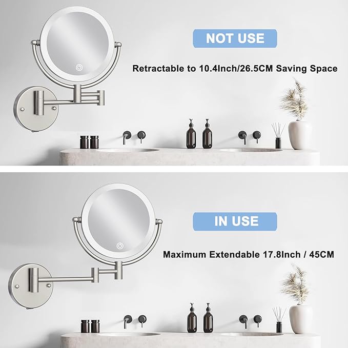 Makeup Mirror Wall Mounted with Lights and 10X Magnification, 8 Inches Rechargeable Double Sided Magnifying, Touch Dimmable Extended Arm 360 Rotation, Foldable Cosmetic Mirror Brushed Nickel