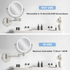 Makeup Mirror Wall Mounted with Lights and 10X Magnification, 8 Inches Rechargeable Double Sided Magnifying, Touch Dimmable Extended Arm 360 Rotation, Foldable Cosmetic Mirror Brushed Nickel