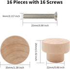 16PCS Wood Knobs Flat Top Round Cabinet Knobs 1.39"(35mm) Unfinished Wooden Dresser Drawer Pulls Kitchen Cabinet Handles