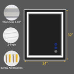 32"x24" LED Bathroom Mirror with Anti-Fog, Stepless Dimmable Lights, 3 Color Modes, Shatter-Proof Tempered Glass, Memory Function & Waterproof Design