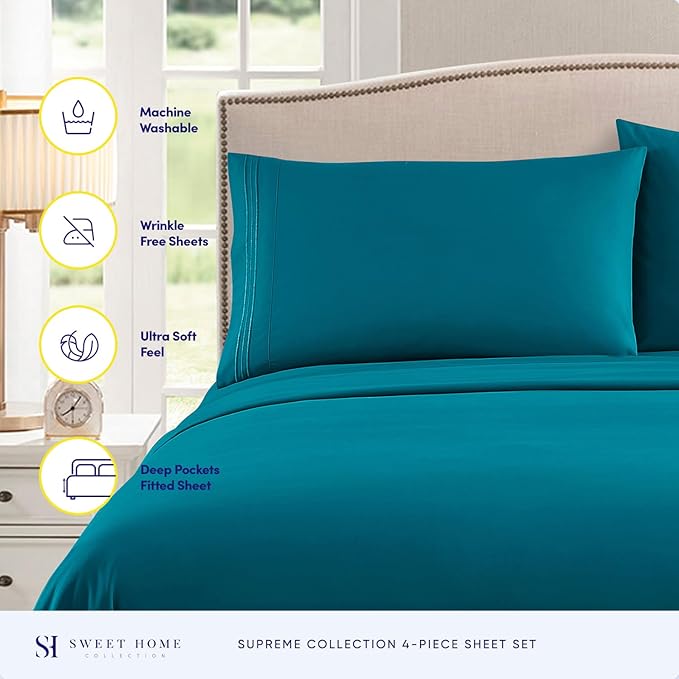 Queen Size Bed Sheets - Breathable Luxury Sheets with Full Elastic & Secure Corner Straps Built In - 1800 Supreme Collection Extra Soft Deep Pocket Bedding, Sheet Set, EXTRA DEEP pocket - Queen, Teal