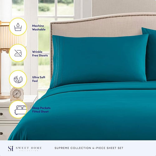 1800 Supreme Collection - Breathable Luxury Full Size Sheet Set with Full Elastic & Secure Corner Straps Built In, Extra Soft Deep Pocket Bedding Set, Teal