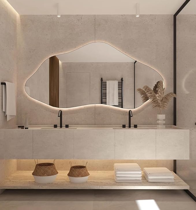 Asymmetrical Bathroom LED Mirror, Modern Irregular Shape Wall Mirror with LED Lights, Frameless Aesthetic Backlit LED Illimunated Vanity Mirror (55" x 27" inc)