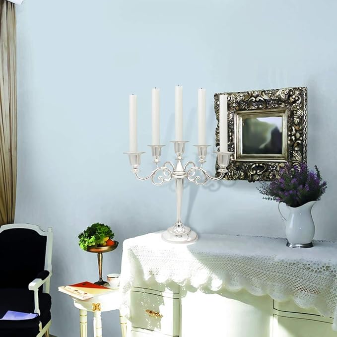 Metal Candelabra 5-Candle 10.1 Inch Tall Candle Holder Stick for Home Wedding Event and Party Festival,Silver