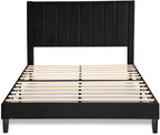 Allewie Queen Bed Frame/Velvet Upholstered Bed Frame with Vertical Channel Tufted Headboard/Strong Wooden Slats/Platform Bed Frame/Mattress Foundation/Box Spring Optional/Easy Assembly/Black