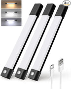 EZVALO Under Cabinet Lighting, Wireless Closet Lights, 50 LED Rechargeable Motion Sensor Light, Dimmable, 3 Color Temperatures, 11.8 in Counter Lights for Kitchen, Pantry, Wardrobe (3 Pcs, Black)