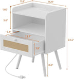 SUPERJARE Nightstands with Charging Station, Bedside Table Set of 2 with PE Rattan Drawers, Rattan Side Table with Storage & Solid Wood Feet, End Table for Bedroom, White