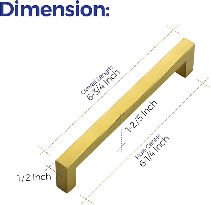Ravinte 12 Pack 6-1/4 Inch Kitchen Square Cabinet Handles Brushed Brass Pulls Gold Drawer Pulls Kitchen Cabinet Hardware for Cupboard Drawer Handles
