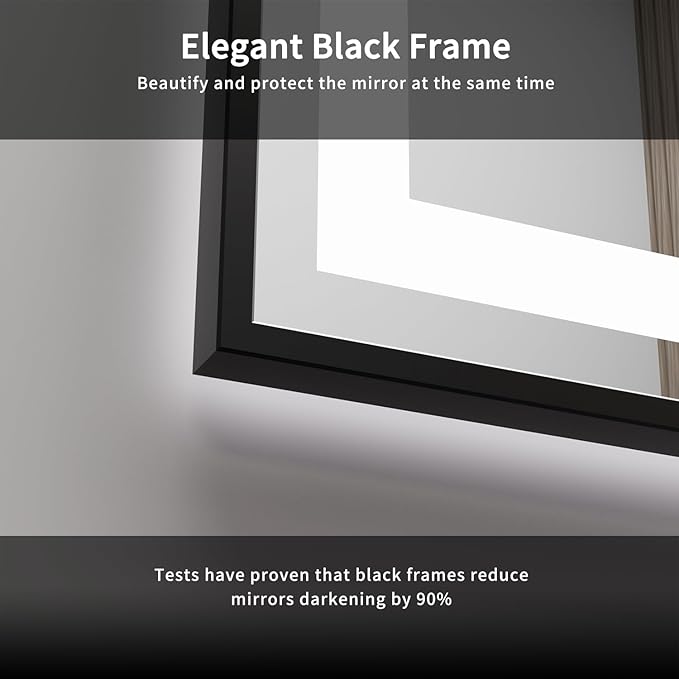 LED Bathroom Mirror, 55x36 Inch Black Framed Gradient Front and Backlit LED Mirror, 3 Colors Dimmable CRI>90, Enhanced Anti-Fog Wall Mounted Smart Mirror