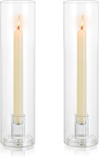 Glass Hurricane Candle Holder: 11.8" Tall Candlestick Holder with Cylinder Windproof Cover Clear Taper Candle Holders for Wedding Party Birthday Christmas Home Decor Set of 2