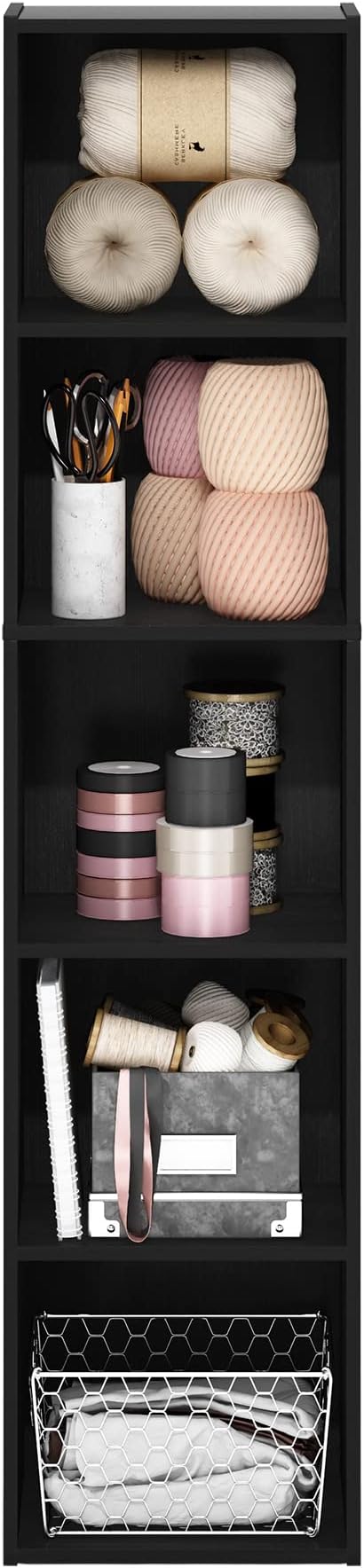 Furinno PASIR Book Shelf, 5-Tier Modern Bookshelf, Open Shelves Bookcase 9" x 12" x 52", for Living Room, Bedroom, Home Office, Blackwood